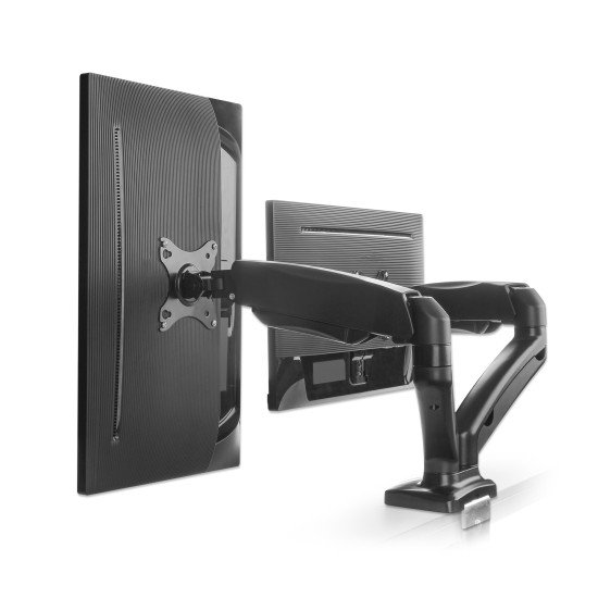 Manhattan Support de bureau double pour TV/moniteurs (bras à ressort à Bras articulé), écrans 10" à 27", fixation à l'arrière par pince ou passe-câble, Compatibilité VESA : 75x75 et 100x100 mm (vérifiez les dimensions des quatre trous de fixatio