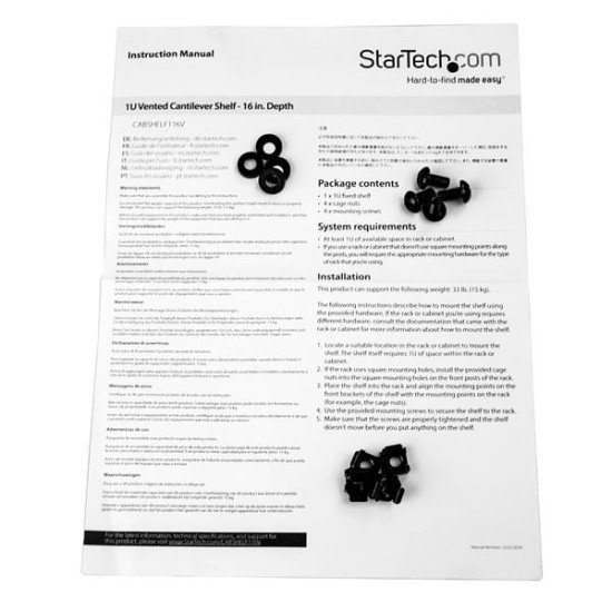 StarTech.com Étagère ventilée 1U pour rack serveur - Profondeur de 400 mm