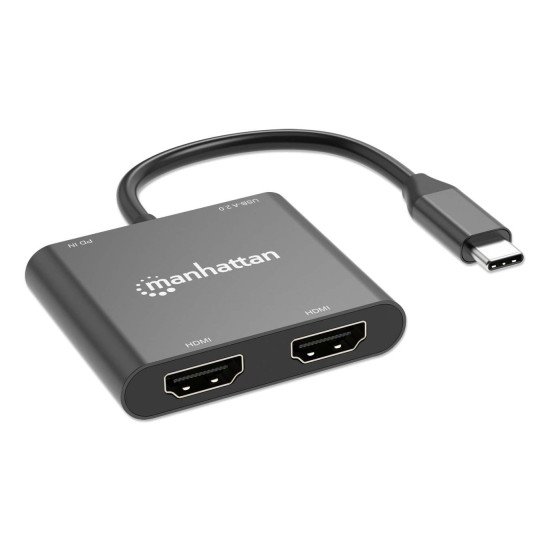 Manhattan Adaptateur USB-C vers double HDMI + USB-A, double 4K@30Hz ou 4K@60Hz (un écran), PD 100 W, 480 Mbit/s (USB 2.0), câble 15 cm, noir, garantie 3 ans