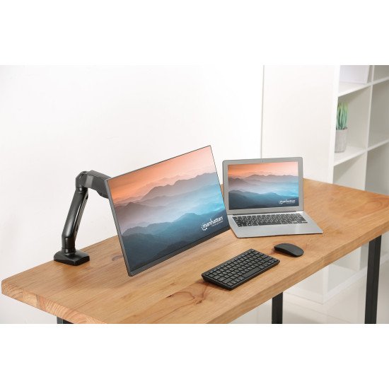 Manhattan Support de bureau pour TV/moniteurs (bras à ressort à Bras articulé), écrans 13" à 27", fixation à l'arrière par pince ou passe-câble, Compatibilité VESA : 75x75 et 100x100 mm (vérifiez les dimensions des quatre trous de fixation à l'a