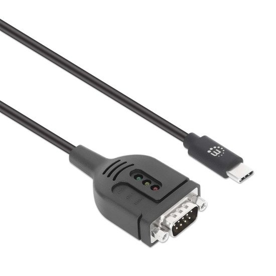 Manhattan Câble convertisseur USB-C vers série RS232/COM/DB9, 1 m, mâle à mâle, puce Prolific PL2303GT, noir, garantie 3 ans