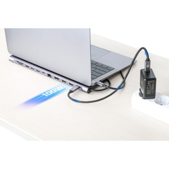 Manhattan Dock/hub USB-C avec lecteur de cartes: audio 3,5 mm, DisplayPort, Ethernet, 2x HDMI, 3x USB-A + 2x USB-C,avec PD 100W - nécessite un chargeur USB-C externe (non inclus).Alimenté par USB (aucune alimentation externe requise) lorsque le PD n'est p