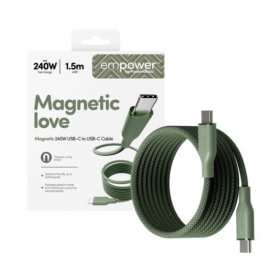 PanzerGlass empower™ by ® Magnetic 240W USB-C to USB-C Cable | USB 2.0 | 1.5M | Sage câble USB Vert