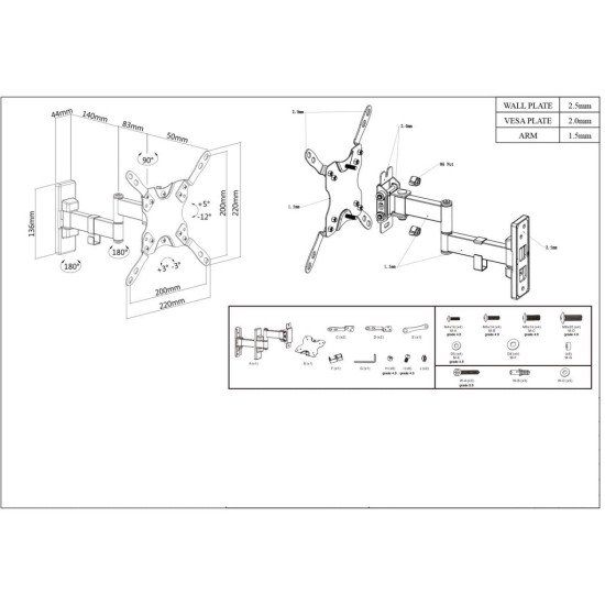 Manhattan Support mural pour TV/moniteurs (Bras articulé), écrans 13" à 42", Compatibilité VESA : de 75x75 à 200x200 mm (vérifiez les dimensions des quatre trous de fixation à l'arrière), charge max. 20 kg, noir