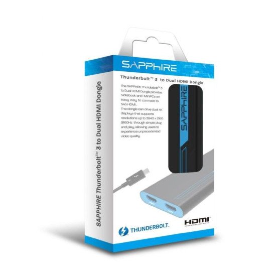 Sapphire 44005-02-20G câble vidéo et adaptateur 0,28 m Thunderbolt 3 2 x HDMI Bleu, Gris