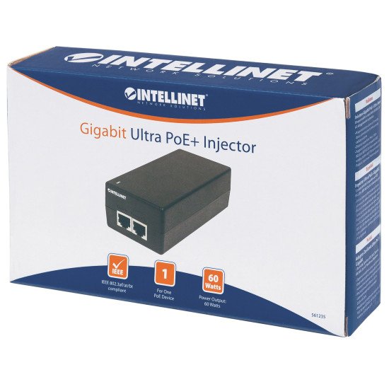 Intellinet Injecteur Ultra PoE+ Gigabit, 1 port 60 W, conforme IEEE 802.3bt et 802.3at/af, boîtier plastique, Alimentation par Ethernet, Power Over Ethernet, garantie de 3 ans