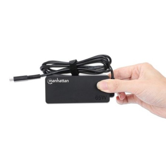 Manhattan Chargeur pour ordinateur portable USB-C Power Delivery 65 W, adaptateur secteur vers USB-C, tension universelle pour la plupart des ordinateurs portables, idéal en remplacement, avec câble secteur amovible et câble USB-C PD intégré, noir