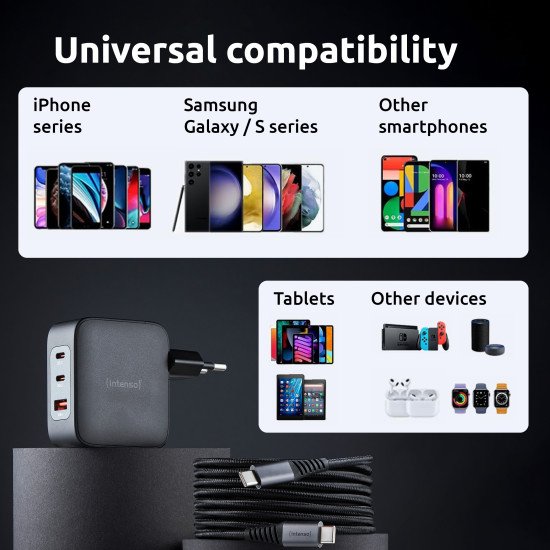 Intenso W100ACC+C520C, Ensemble adaptateur secteur + câble de charge, 100 W, charge rapide, technologie GaN, charge simultanée de 3 appareils, noir