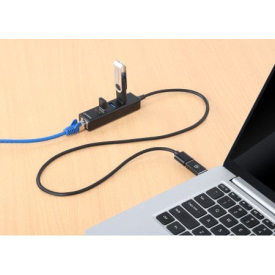 Manhattan Dock/hub combo USB-C & USB-A, 4 ports : Ethernet + 3x USB-A, 5 Gbit/s (USB 3.0), Alimenté par USB (aucune alimentation externe requise)