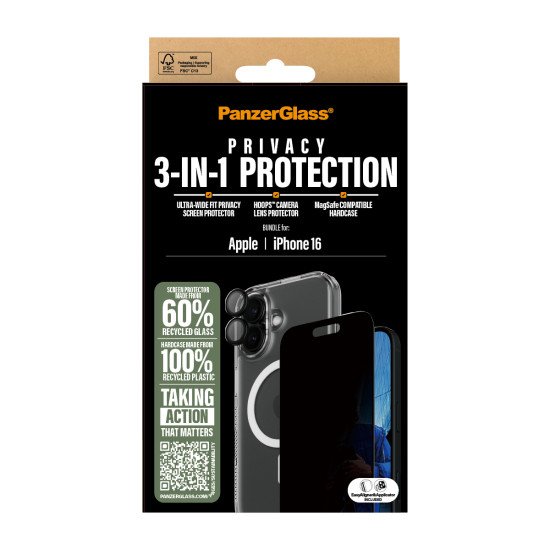PanzerGlass ® 3-in-1 Privacy Protection Bundle iPhone 16 Protection d'écran transparent Apple 1 pièce(s) PanzerGlass ® 3-in-1 Privacy Protection Bundle iPhone 16 Protection d'écran transparent Apple 1 pièce(s)