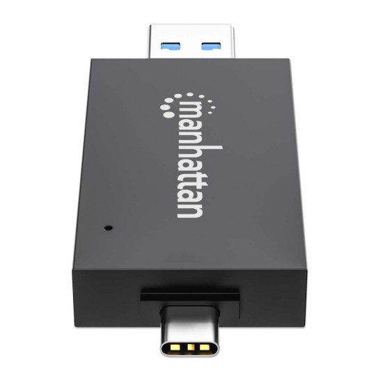 Manhattan Lecteur/enregistreur de cartes multiformat USB-A/USB-C, 5 Gbps (USB 3.0), connecteur mâle vers emplacements microSD et SD/MMC, format mini, compatible avec Windows ou Mac, noir/translucide, garantie de 3 ans