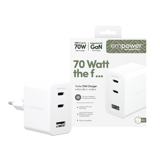PanzerGlass empower by ® Turbo 70W Multiple Charger incl. 2 x USB-C + USB-A | EU Plug | Silver White Protection d'écran transparent Universel 1 pièce(s)