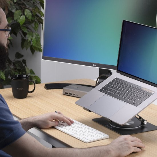 StarTech.com Support Rotatif pour PC Portable, Base Pivotante à 360°, Support Rotatif pour Bureau, Hauteur et Inclinaison Réglables, Poids Max 5kg, Construction en Aluminium, Design Portable