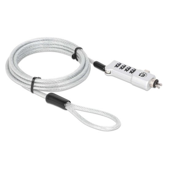 Manhattan Câble antivol universel à combinaison pour ordinateur portable (Noble Wedge®, Nano et K-Slot), 3 en 1, combinaison réinitialisable à 4 chiffres, câble de 1,8 m en acier carbone résistant à la coupe, gaine PVC translucide, argent