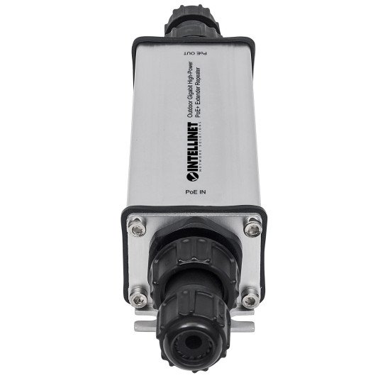Intellinet Répéteur-extenseur PoE+ Gigabit extérieur haute puissance, IEEE 802.3at/af, portée jusqu'à 100 m, métal, IP65, Alimentation par Ethernet, Power Over Ethernet, garantie de 3 ans