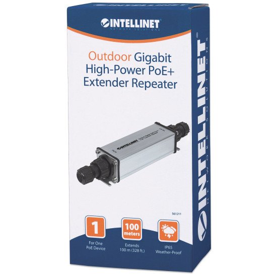 Intellinet Répéteur-extenseur PoE+ Gigabit extérieur haute puissance, IEEE 802.3at/af, portée jusqu'à 100 m, métal, IP65, Alimentation par Ethernet, Power Over Ethernet, garantie de 3 ans