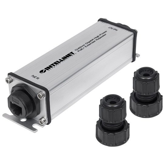 Intellinet Répéteur-extenseur PoE+ Gigabit extérieur haute puissance, IEEE 802.3at/af, portée jusqu'à 100 m, métal, IP65, Alimentation par Ethernet, Power Over Ethernet, garantie de 3 ans