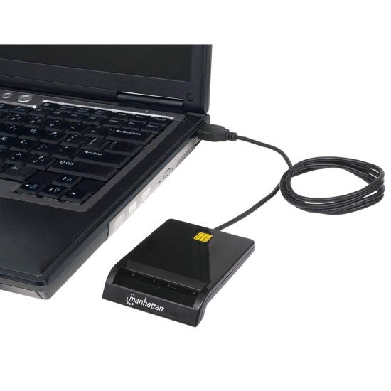 Manhattan Lecteur de cartes à puce à contact USB-A, 12 Mbps, fente d'insertion à friction, externe, compatible Windows ou Mac, câble de 105 cm, noir, garantie de 3 ans