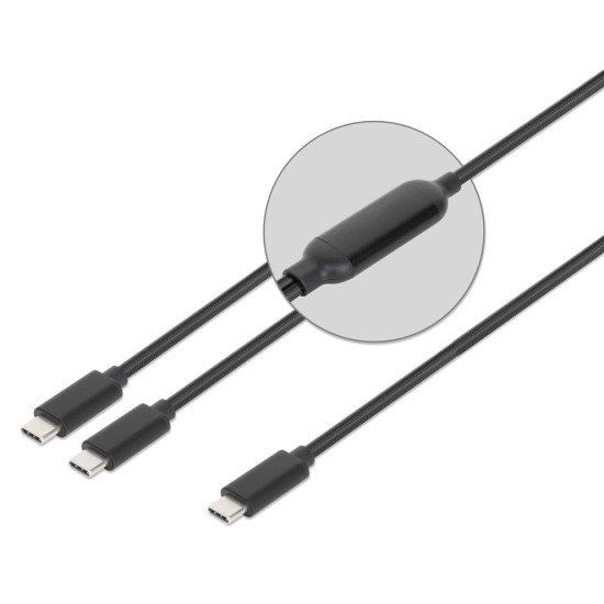 Manhattan Câble de charge USB-C vers USB-C double, répartiteur intelligent, 100 W, 2 m, charge deux appareils depuis un port USB-C PD, gaine tressée, noir, garantie 3 ans