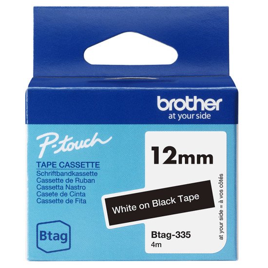 Brother BTAG-335 - Ruban adhésif blanc sur noir, 12 mm de large, non laminé