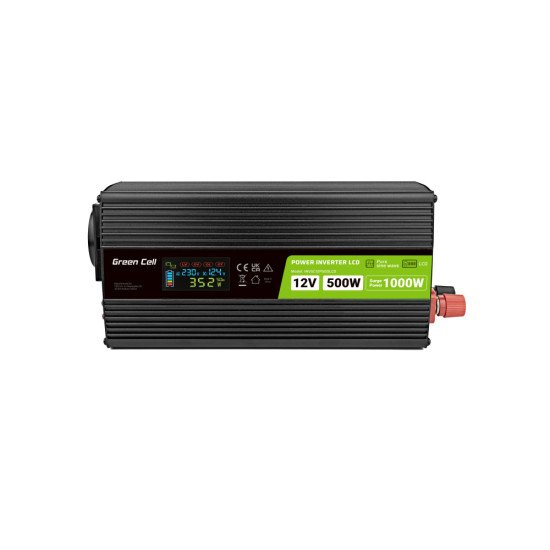 Green Cell Przetwornica napicia PowerInverter LCD 12 V 500W/1000W Przetwornica samochodowa z wywietlaczem - czysty sinus adaptateur de puissance & onduleur Auto Noir