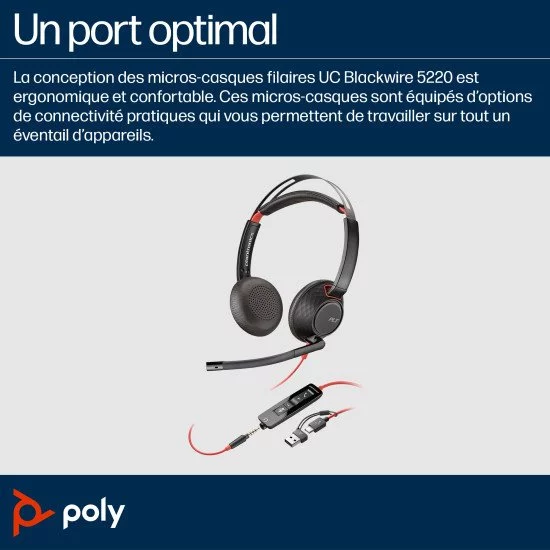 POLY Micro-casque stéréo USB-C Blackwire 5220 + prise 3,5 mm + adaptateur USB-C/A (lot) POLY Micro-casque stéréo USB-C Blackwire 5220 + prise 3,5 mm + adaptateur USB-C/A (lot)
