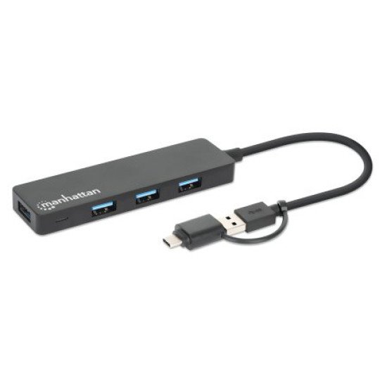 Manhattan Dock/hub combo USB-C & USB-A, 4 ports : 4x USB-A, 5 Gbit/s (USB 3.0), Alimenté par USB (aucune alimentation externe requise)
