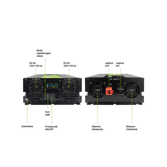 Green Cell Przetwornica napicia PowerInverter LCD 12 V 2000W/40000W Przetwornica samochodowa z wywietlaczem - czysty sinus adaptateur de puissance & onduleur Auto Noir