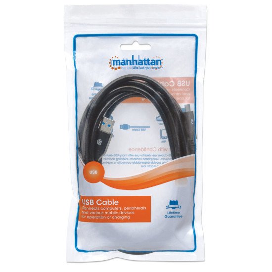 Manhattan Câble USB-C vers USB-A, 3 m, mâle à mâle, 5 Gbit/s (USB 3.2 Gen 1 / USB 3.0), 3 A (charge rapide), noir, garantie à vie