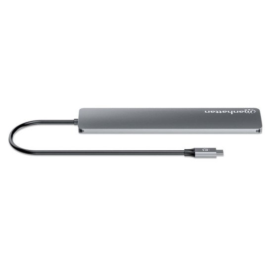 Manhattan Dock/hub USB-C, 7 ports : 3x USB-A + 4x USB-C, Pavec Power Delivery (PD) 100 W - nécessite un chargeur USB-C externe (non inclus). Alimenté par USB (aucune alimentation externe requise) lorsque le PD n'est pas utilisé, aluminium