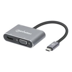 Manhattan Dock/hub USB-C, 4 ports : HDMI, USB-A, USB-C et VGA, avec Power Delivery (PD) 87 W - nécessite un chargeur USB-C externe (non inclus). Alimenté par USB (aucune alimentation externe requise) lorsque le PD n'est pas utilisé, aluminium