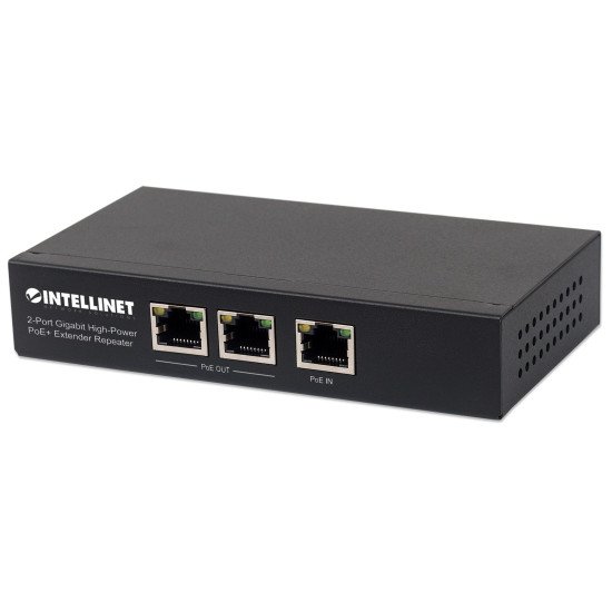 Intellinet Répéteur / prolongateur PoE+ Gigabit haute puissance 2 ports, compatible IEEE 802.3at/af (PoE+/PoE), boîtier métal, Alimentation par Ethernet, Power Over Ethernet, garantie de 3 ans