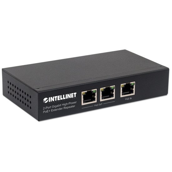 Intellinet Répéteur / prolongateur PoE+ Gigabit haute puissance 2 ports, compatible IEEE 802.3at/af (PoE+/PoE), boîtier métal, Alimentation par Ethernet, Power Over Ethernet, garantie de 3 ans