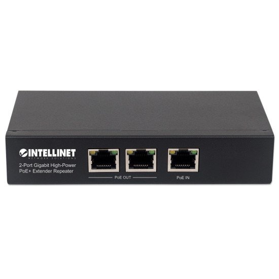 Intellinet Répéteur / prolongateur PoE+ Gigabit haute puissance 2 ports, compatible IEEE 802.3at/af (PoE+/PoE), boîtier métal, Alimentation par Ethernet, Power Over Ethernet, garantie de 3 ans