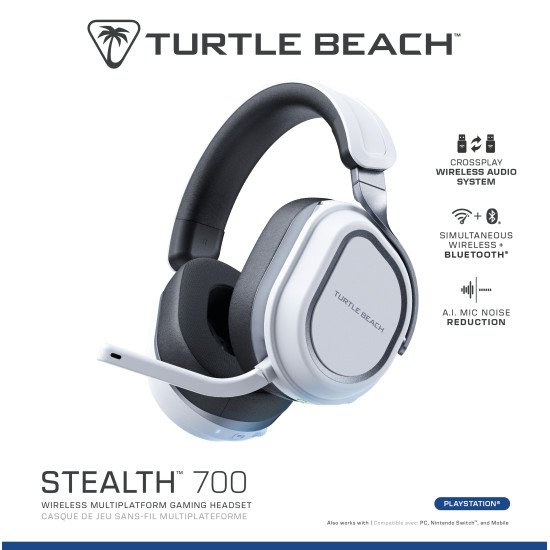 Turtle Beach Casque gaming amplifié multiplateforme sans fil Stealth 700 pour PS5, PS4, PC et mobile - Haut-parleurs 60 mm, microphone avec isolation acoustique par l'IA, Bluetooth, autonomie 80 heures, deux émetteurs - Blanc Turtle Beach Casque gaming amplifié multiplateforme sans fil Stealth 700 pour PS5, PS4, PC et mobile - Haut-parleurs 60 mm, microphone avec isolation acoustique par l'IA, Bluetooth, autonomie 80 heures, deux émetteurs - Blanc