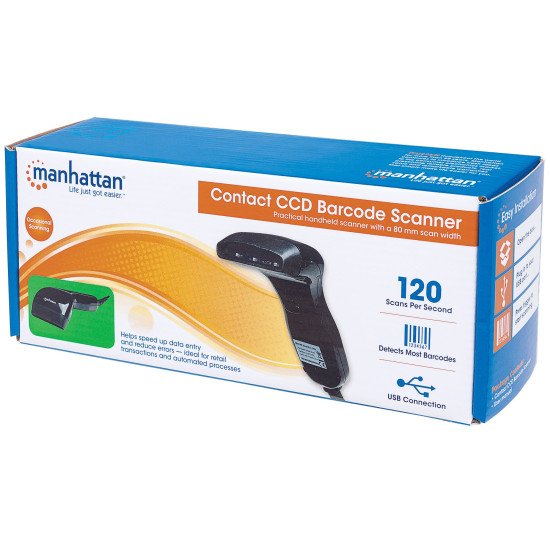 Manhattan Scanner de codes-barres CCD filaire, USB, largeur de lecture 80 mm, câble 152 cm, luminosité ambiante max. 3 000 lux, noir, garantie 3 ans