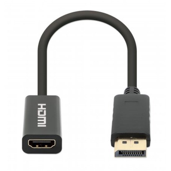 Manhattan Adaptateur actif DisplayPort 1.2 vers HDMI, 4K à 60 Hz, 15 cm, mâle vers femelle, DP avec verrouillage, non bidirectionnel, noir, garantie 3 ans, équivalent à DP2HD4K60S