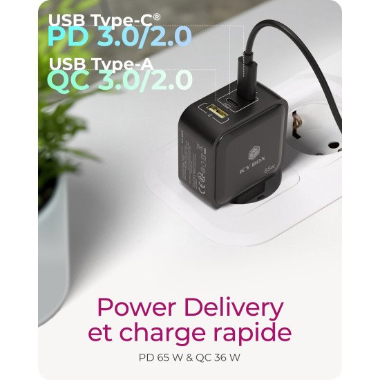 ICY BOX IB-PS1030-PD Universel Noir Secteur Charge rapide Intérieure