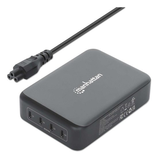 Manhattan Station de charge GaN USB Power Delivery à 4 ports, 240 W / PD 3.1, 4 ports USB-C PD jusqu'à 140 W par port, puissance totale de 240 W, noir