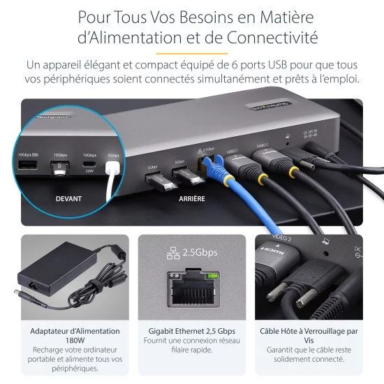 StarTech.com Station d'Accueil USB4, USB-C 40Gbps, Double Vidéo HDMI, Jusqu'à 2x 4K 60Hz 4:4:4 (RGB) ou 2x 4K 120Hz 4:2:2, Dock Multi-Moniteur, 6x USB, 2.5GbE, 100W PD StarTech.com Station d'Accueil USB4, USB-C 40Gbps, Double Vidéo HDMI, Jusqu'à 2x 4K 60Hz 4:4:4 (RGB) ou 2x 4K 120Hz 4:2:2, Dock Multi-Moniteur, 6x USB, 2.5GbE, 100W PD