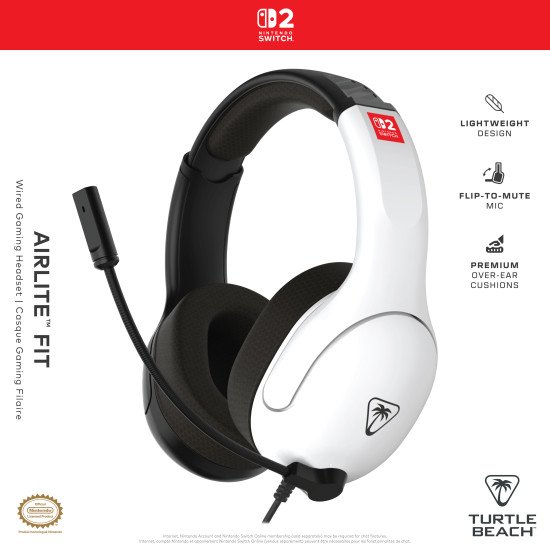 Turtle Beach Airlite Fit Noir et Blanc Casque de gaming filaire sous licence officielle pour Nintendo Switch 2, Nintendo Switch, Lite - Modèle OLED