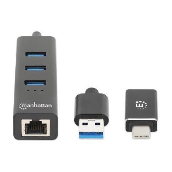 Manhattan Dock/hub combo USB-C & USB-A, 4 ports : Ethernet + 3x USB-A, 5 Gbit/s (USB 3.0), Alimenté par USB (aucune alimentation externe requise)