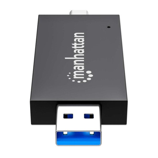 Manhattan Lecteur/enregistreur de cartes multiformat USB-A/USB-C, 5 Gbps (USB 3.0), connecteur mâle vers emplacements microSD et SD/MMC, format mini, compatible avec Windows ou Mac, noir/translucide, garantie de 3 ans