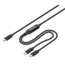 Manhattan Câble de charge USB-C vers USB-C double, répartiteur intelligent, 100 W, 2 m, charge deux appareils depuis un port USB-C PD, gaine tressée, noir, garantie 3 ans
