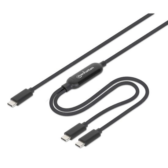 Manhattan Câble de charge USB-C vers USB-C double, répartiteur intelligent, 100 W, 2 m, charge deux appareils depuis un port USB-C PD, gaine tressée, noir, garantie 3 ans