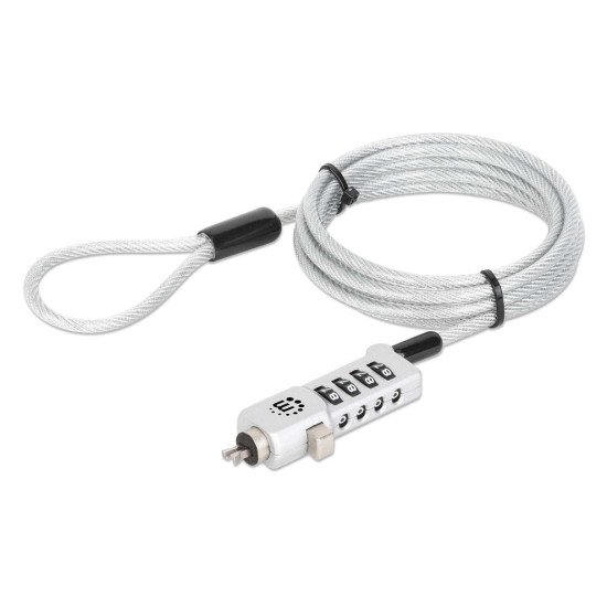Manhattan Câble antivol universel à combinaison pour ordinateur portable (Noble Wedge®, Nano et K-Slot), 3 en 1, combinaison réinitialisable à 4 chiffres, câble de 1,8 m en acier carbone résistant à la coupe, gaine PVC translucide, argent