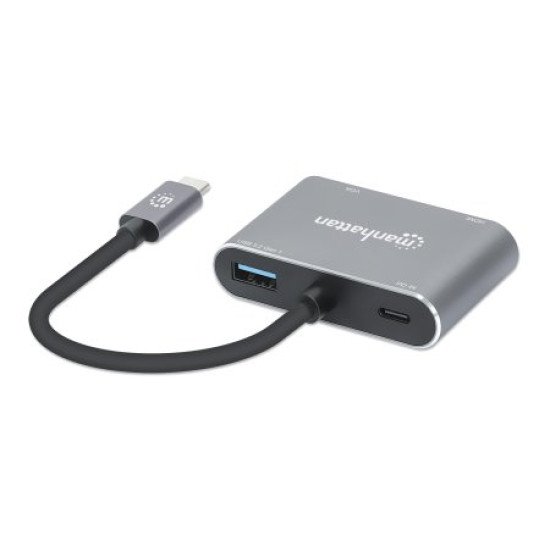 Manhattan Dock/hub USB-C, 4 ports : HDMI, USB-A, USB-C et VGA, avec Power Delivery (PD) 87 W - nécessite un chargeur USB-C externe (non inclus). Alimenté par USB (aucune alimentation externe requise) lorsque le PD n'est pas utilisé, aluminium