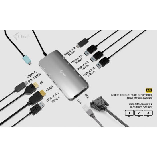 i-tec USB-C Metal Nano 3x Display (DP, HDMI and VGA) Docking Station + Power Delivery 100 W