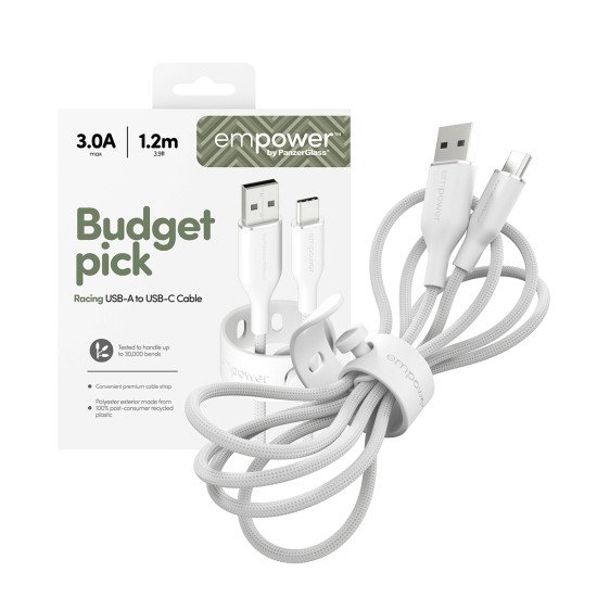 PanzerGlass empower™ by ® Racing 60W USB-A to USB-C Cable | USB 2.0 | 1.2M | Silver White câble USB Blanc