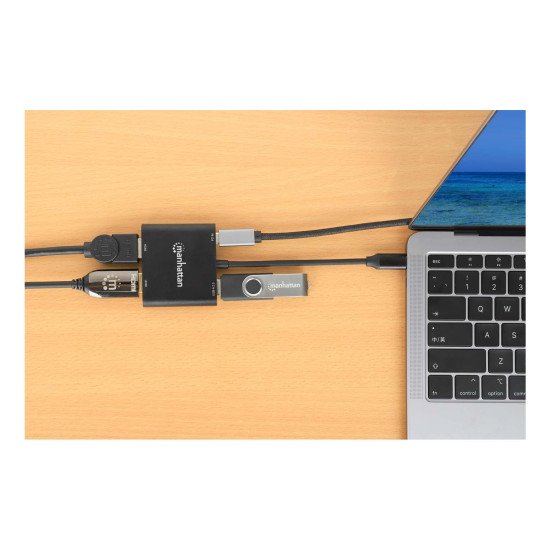 Manhattan Adaptateur USB-C vers double HDMI + USB-A, double 4K@30Hz ou 4K@60Hz (un écran), PD 100 W, 480 Mbit/s (USB 2.0), câble 15 cm, noir, garantie 3 ans